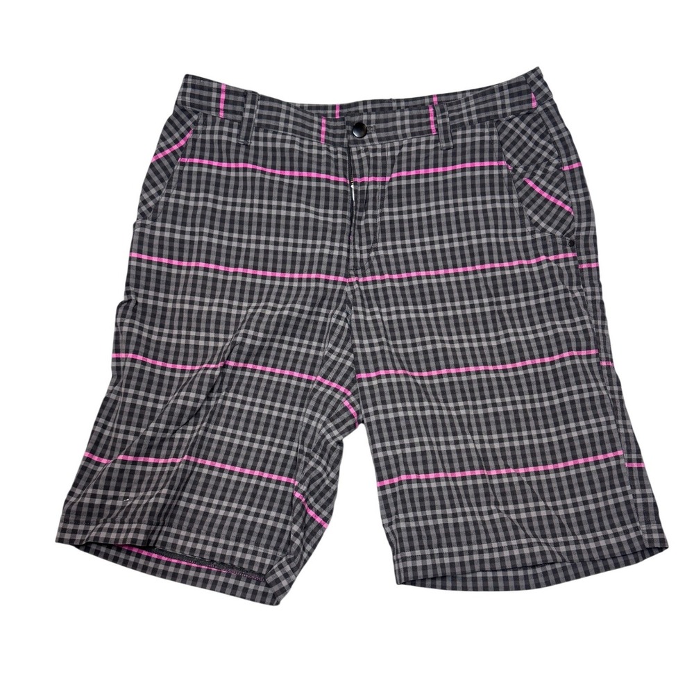 Lululemon Mens Gingham Plaid Shorts Grey Black Pink Stripe Size 32 Golf Casual